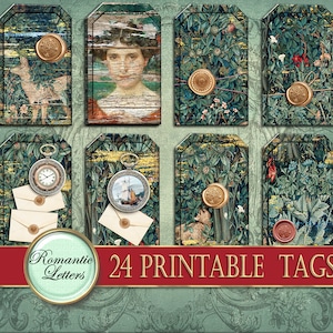 May include: 24 printable tags featuring a vintage aesthetic. The tags have a green and gold background with images of a woman, a ship, a clock, and a forest scene. The tags are perfect for adding a touch of vintage charm to your gifts, crafts, or home decor.