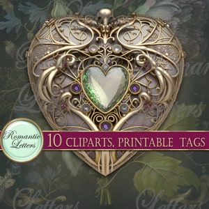 May include: A gold heart-shaped frame with intricate details and a green gem in the center. The frame is surrounded by a floral pattern and purple gems. The text "10 CLPARTS, PRINTABLE TAGS" is at the bottom of the image.