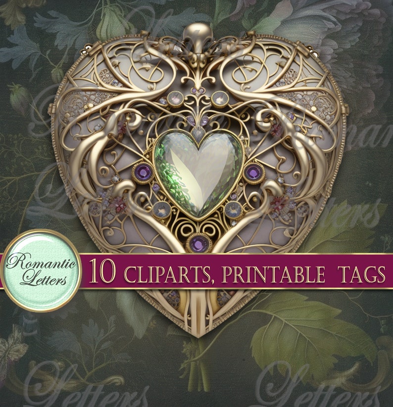 May include: A gold heart-shaped frame with intricate details and a green gem in the center. The frame is surrounded by a floral pattern and purple gems. The text "10 CLPARTS, PRINTABLE TAGS" is at the bottom of the image.
