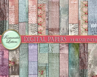 Digital printable craft paper digital scrapbook paper background fabric texture stitched patchwork embroidery shabby chic download 8x11 inch