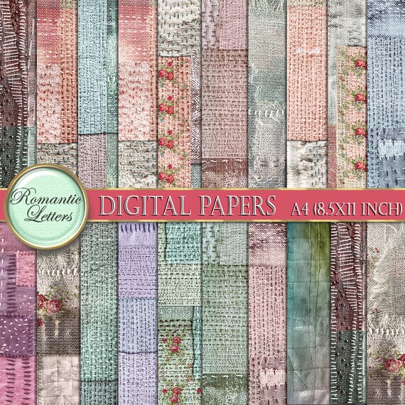 Digital printable craft paper digital scrapbook paper background fabric texture stitched patchwork embroidery shabby chic download 8x11 inch