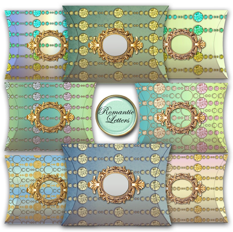 Puede incluir: Conjunto de seis cajas de almohada con un tema vintage y rom&aacute;ntico. Cada caja presenta un patr&oacute;n diferente de c&iacute;rculos y diamantes en verde pastel, azul y amarillo. Las cajas tienen un marco dorado con un &oacute;valo recortado en el centro.