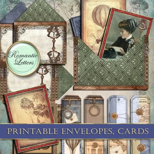 Op de afbeelding: Printbare enveloppen en kaarten met een vintage esthetiek. Het ontwerp bevat een luchtballon, een vrouw die een brief leest en een klok. De tekst "Romantic Letters" staat op een rond label. De tekst "Printbare Enveloppen, Kaarten" staat op een blauwe banner.