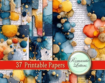 Watercolor Junk Journal Digital Scrapbook Craft Paper: Abstract Mixed Media, Layered Collage, Blue Gold (Printable)