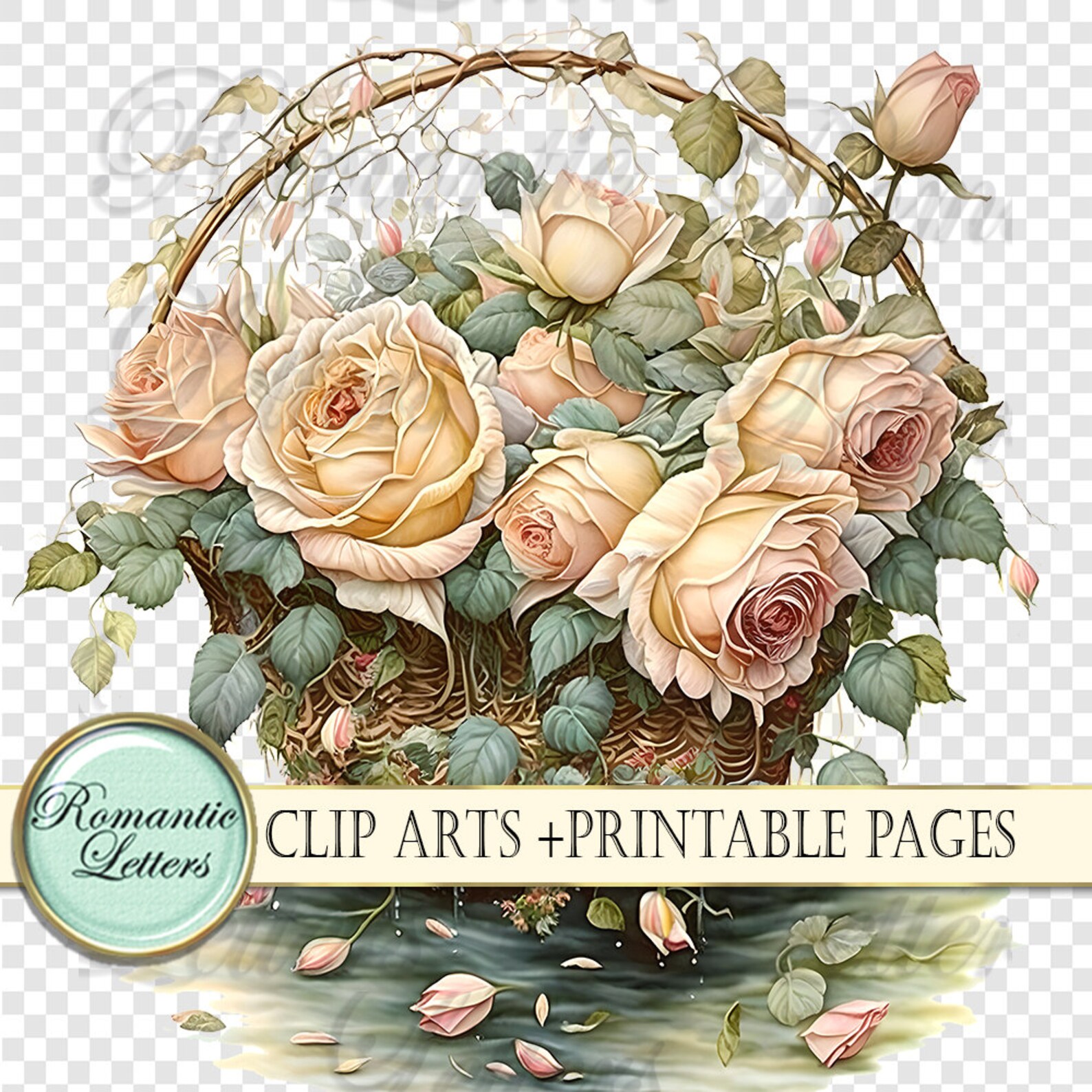 Digital Scrapbook Wedding Rose Basket Clip Art Flowers Watercolor ...