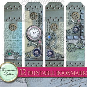 Puede incluir: Doce marcadores imprimibles con un dise&ntilde;o steampunk con engranajes, esferas de reloj y un esquema de color azul y gris. El texto "12 Printable Bookmarks" est&aacute; en la parte inferior de la imagen.