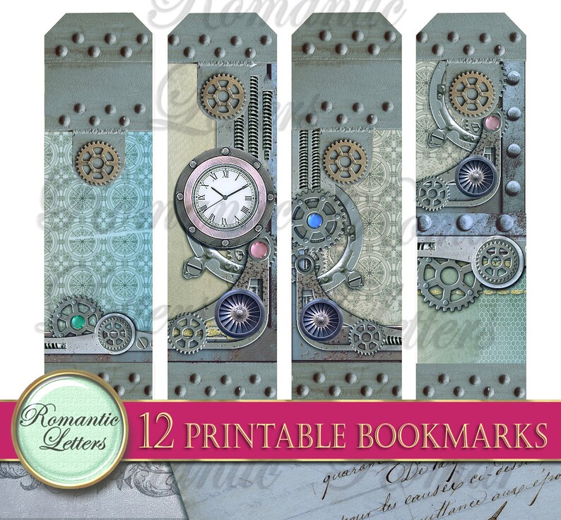 Puede incluir: Doce marcadores imprimibles con un dise&ntilde;o steampunk con engranajes, esferas de reloj y un esquema de color azul y gris. El texto "12 Printable Bookmarks" est&aacute; en la parte inferior de la imagen.