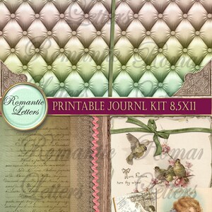 May include: Printable journal kit with a vintage aesthetic. The kit includes a patterned paper with a tufted design, a page with handwritten text, a page with birds and a ribbon, and a vintage postcard with a woman in a blue dress. The kit is 8.5 x 11 inches.