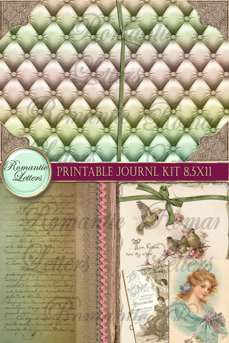 May include: Printable journal kit with a vintage aesthetic. The kit includes a patterned paper with a tufted design, a page with handwritten text, a page with birds and a ribbon, and a vintage postcard with a woman in a blue dress. The kit is 8.5 x 11 inches.