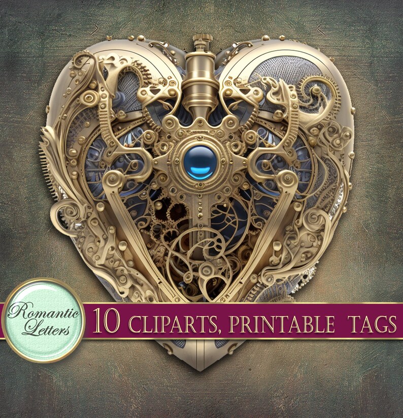 May include: A gold heart-shaped steampunk design with intricate gears and a blue jewel in the center. 10 Cliparts, Printable Tags.