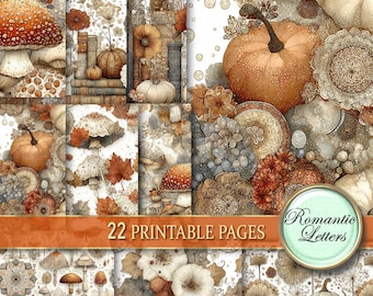 May include: A collection of 22 printable pages with a fall theme. The pages feature illustrations of pumpkins, mushrooms, flowers, and leaves in shades of orange, brown, and cream. The text "22 PRINTABLE PAGES" is displayed on a brown banner.