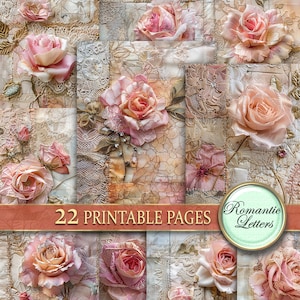 May include: A digital collage of 22 printable pages featuring delicate pink roses with lace and floral patterns. The text "Romantic Letters" is visible in the lower right corner.