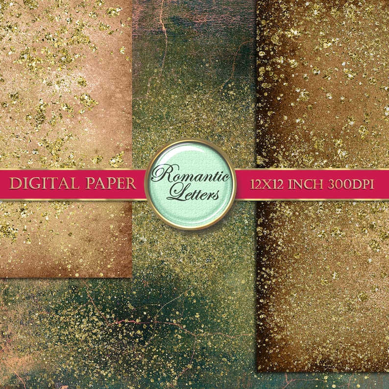 Puede incluir: Tres texturas de papel digital con un recubrimiento de purpurina dorada. Los papeles son en tonos de marr&oacute;n, verde y beige. Los papeles miden 30,5 x 30,5 cm y 300 DPI. El texto "Romantic Letters" est&aacute; en un c&iacute;rculo en el papel del medio.