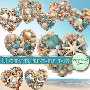 Imágenes prediseñadas digitales de conchas marinas de playa, elementos de clipart para álbum de recortes imprimibles, etiquetas imprimibles para invitación de boda en la playa, corales marinos de sirena