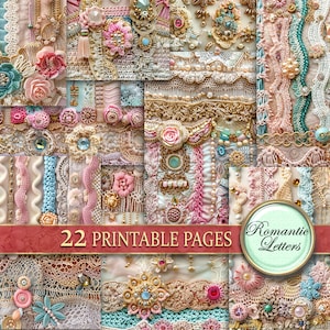 Pack de papier scrapbooking imprimable numérique au crochet, broderie de fleurs, tissu tricoté, papier artisanal imprimable, pages de journal indésirable shabby chic, bébé