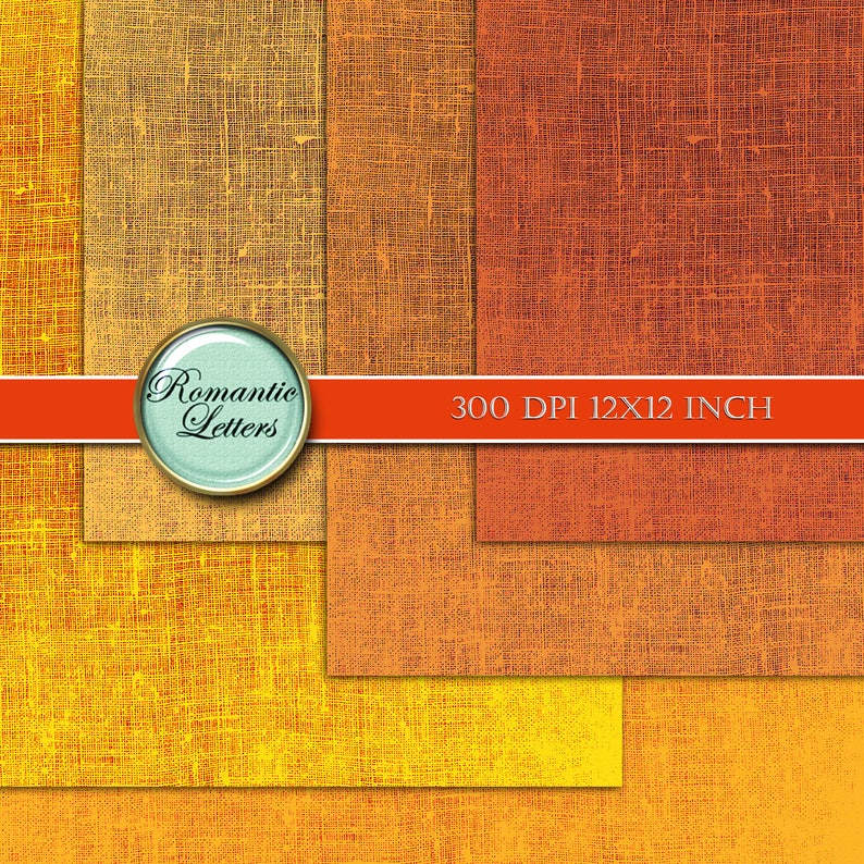 K&ouml;nnte beinhalten: Vier digitale Papiertexturen in Gelb-, Orange- und Rott&ouml;nen. Die Texturen &auml;hneln gewebtem Stoff mit einem subtilen, abgenutzten Look. Der Text "Romantic Letters" und "300 DPI 12X12 INCH" ist auf dem Bild sichtbar.
