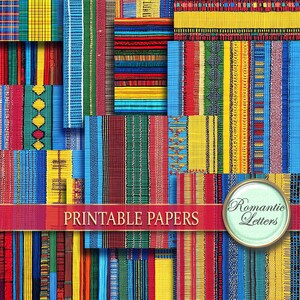 May include: A collection of printable papers featuring colorful striped patterns in red, yellow, blue, and green. The text "Printable Papers" is displayed on a red ribbon.