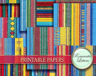 Paquete de papel para álbum de recortes imprimible digitalmente, patrón de sarape mexicano, papel artesanal imprimible en tela, páginas de diario hippie, alfombra de fiesta, rayas