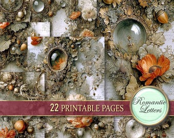 May include: A collage of vintage-style printable pages with floral and botanical elements. The design features ornate frames, flowers, acorns, and script. The text "22 PRINTABLE PAGES" and "Romantic Letters" are visible.
