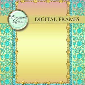 May include: A digital frame with a turquoise and gold border. The frame has a light yellow background with a gradient of pink and yellow at the top. The text "Romantic Letters DIGITAL FRAMES" is at the top of the frame.