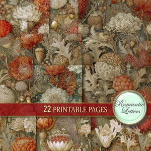 Autumn leaves digital printable scrapbook paper pack printable junk journal pages Thanksgiving seamless patterns medieval flowers gold fall