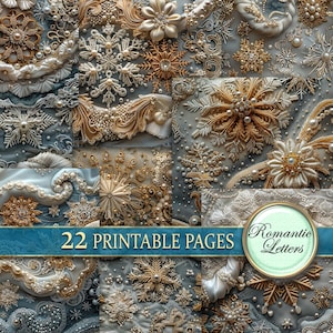 Pagine di diario natalizio stampabili, carta per scrapbooking digitale, pizzo vintage, shabby chic, decoupage, fiocco di neve, vittoriano, vintage 12X12
