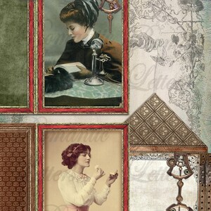 Op de afbeelding: Printbare enveloppen en kaarten met een vintage esthetiek. Het ontwerp bevat twee vrouwen op antieke foto's, een leest een boek en de ander maakt zich op. De achtergrond is een patroonontwerp met een metallic afwerking.