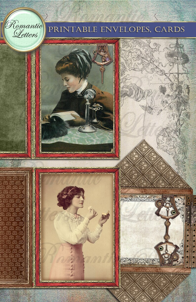 Op de afbeelding: Printbare enveloppen en kaarten met een vintage esthetiek. Het ontwerp bevat twee vrouwen op antieke foto's, een leest een boek en de ander maakt zich op. De achtergrond is een patroonontwerp met een metallic afwerking.