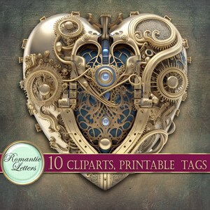 May include: A gold-colored heart-shaped design with intricate gears and clockwork details. The heart is made of metal and has a blue and gold color scheme. The image includes the text "10 CLPARTS, PRINTABLE TAGS".