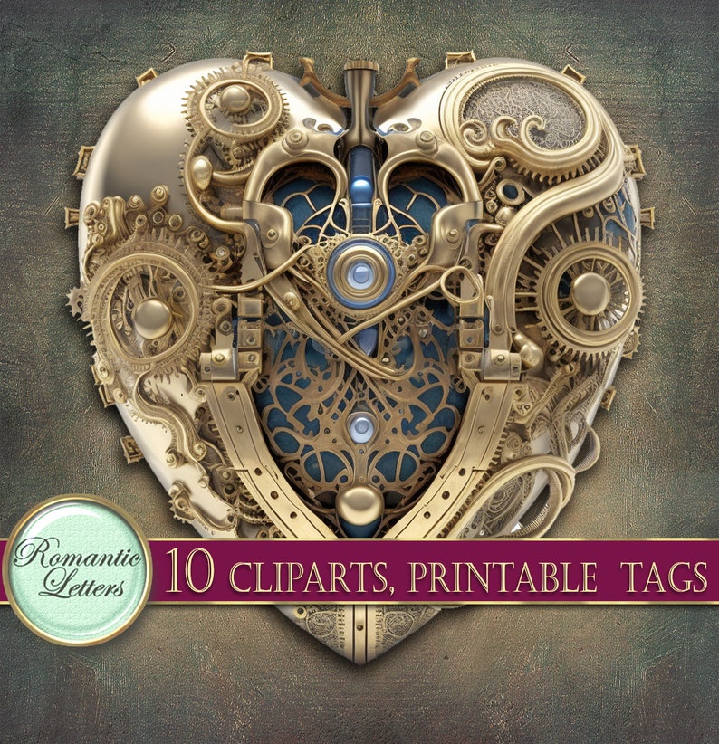 May include: A gold-colored heart-shaped design with intricate gears and clockwork details. The heart is made of metal and has a blue and gold color scheme. The image includes the text "10 CLPARTS, PRINTABLE TAGS".