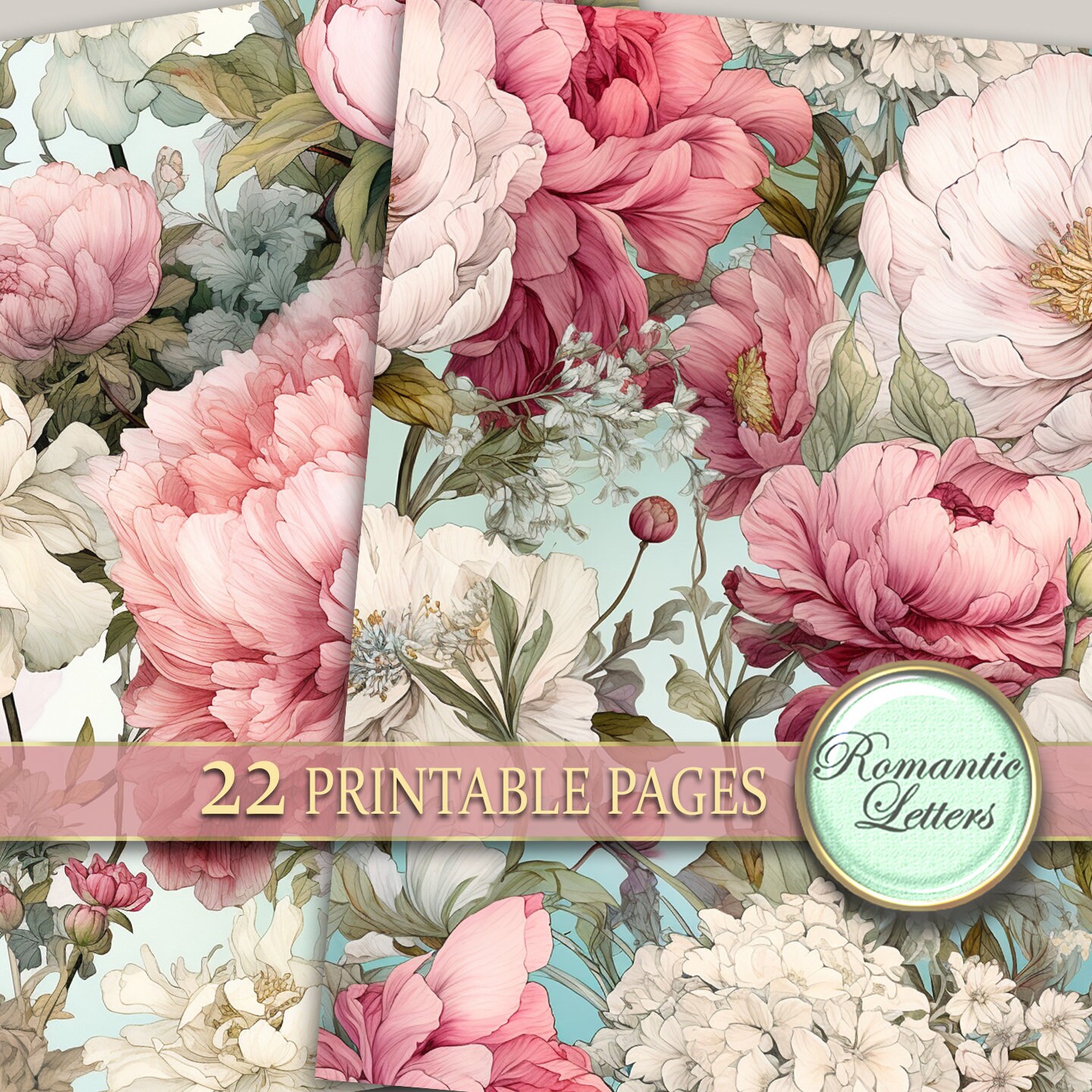 Peony Roses Digital Scrapbook Paper Pack Shabby Chic Flower Botanical ...
