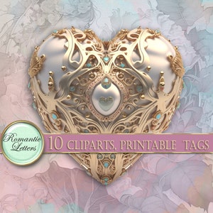 May include: A gold heart-shaped frame with intricate details and turquoise gemstones. The frame is decorated with a white heart in the center. 10 Cliparts, Printable Tags.