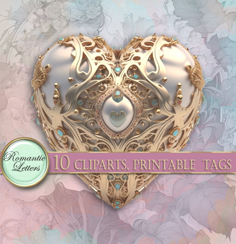 May include: A gold heart-shaped frame with intricate details and turquoise gemstones. The frame is decorated with a white heart in the center. 10 Cliparts, Printable Tags.