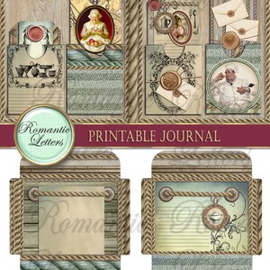 Pu&ograve; includere: Pagine di diario stampabili con uno sfondo in legno a grana rustica e bordi in corda. Le pagine presentano illustrazioni e testo vintage, tra cui "Romantic Letters" e "Printable Journal".