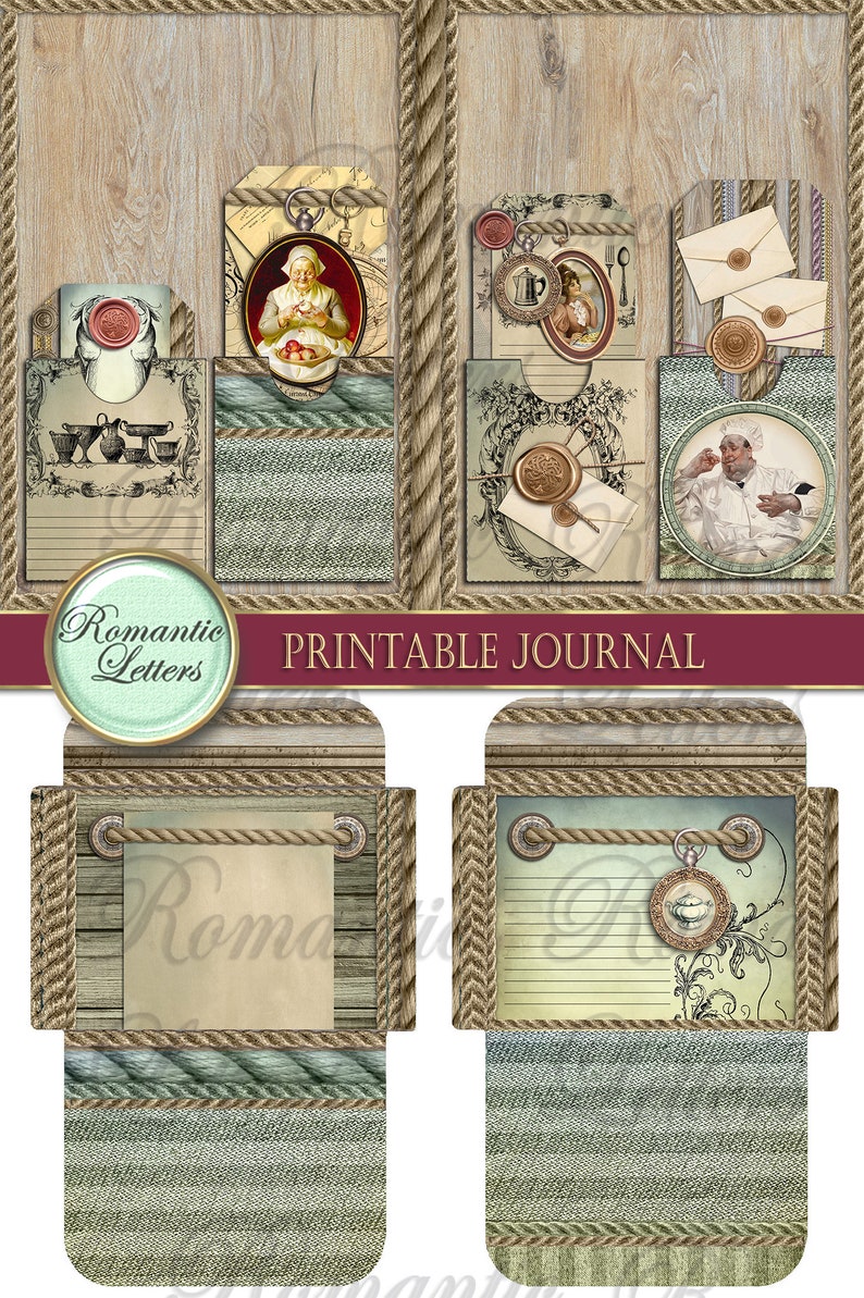 Pu&ograve; includere: Pagine di diario stampabili con uno sfondo in legno a grana rustica e bordi in corda. Le pagine presentano illustrazioni e testo vintage, tra cui "Romantic Letters" e "Printable Journal".