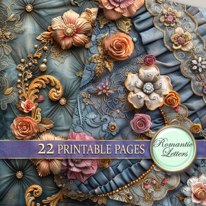 May include: A digital paper pack with 22 printable pages featuring intricate floral designs with gold accents and a blue background. The text "Romantic Letters" is visible in a circle on the bottom right corner of the image.