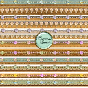 May include: A set of 10 digital scrapbook paper borders featuring a gold frame with a row of colorful gemstones. The text "Romantic Letters" is in a circle on the middle border.