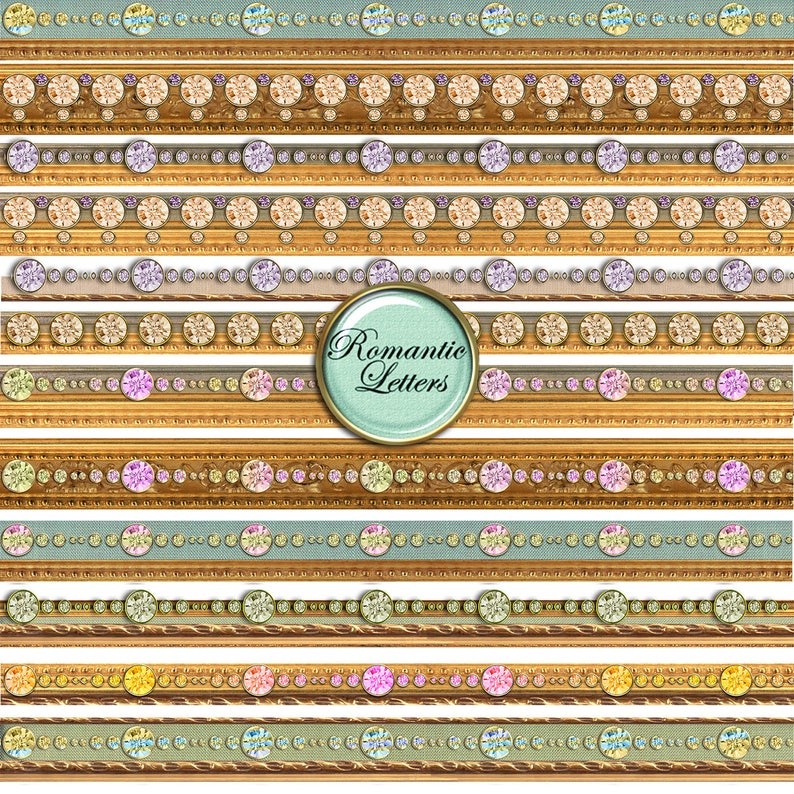 May include: A set of 10 digital scrapbook paper borders featuring a gold frame with a row of colorful gemstones. The text "Romantic Letters" is in a circle on the middle border.