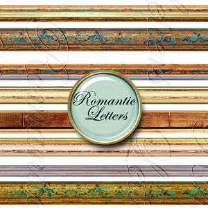 May include: Nine different wood-look digital paper strips with a distressed, aged, and weathered appearance. The strips are in various shades of brown, beige, and blue. The text "Romantic Letters" is in a circle in the center of the image.