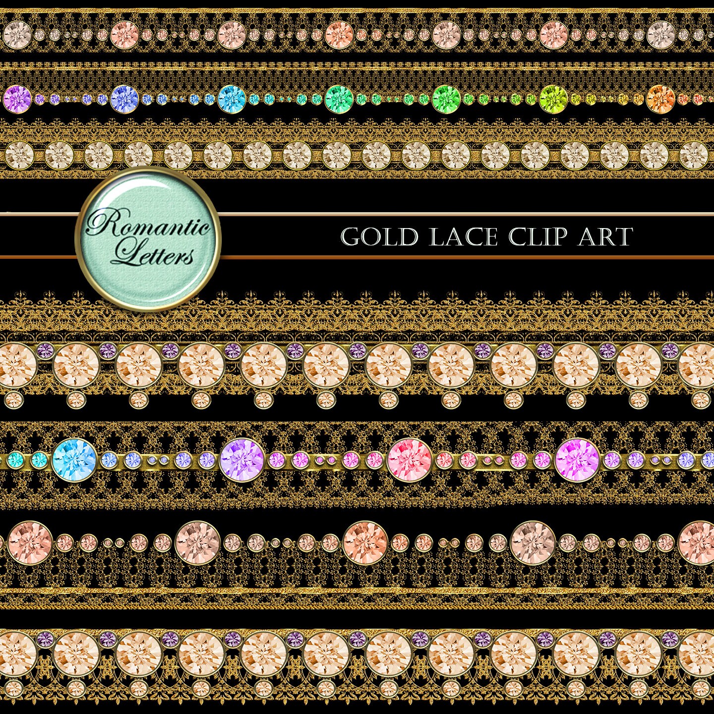 Diamond gold lace clip art Digital scrapbook border digital gemstone clip art gold lace ribbon clip art diamond rhinestones clip art golden