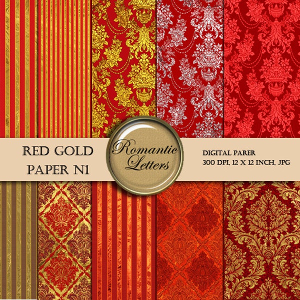 Digital paper damask gold digital paper red gold digital background digital Scrapbook gold damask paper background printable Steampunk red