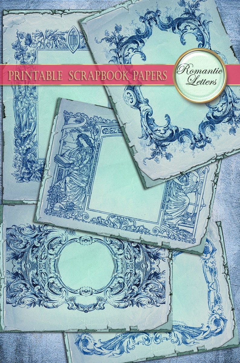 Digital printable scrapbook frames paper printable paper pack junk journal blank pages vintage craft paper blue background shabby chic A4 image 9