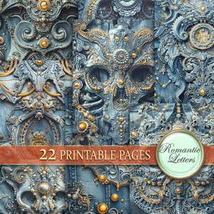 May include: A digital collage of 22 printable pages featuring intricate patterns in shades of blue and gold. The patterns are reminiscent of steampunk and Victorian design, with gears, cogs, and ornate details. The text "Romantic Letters" is visible in a circle on the bottom right.
