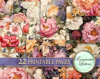 May include: A collage of 22 printable pages featuring a variety of floral patterns. The pages are filled with vibrant colors, including pink, red, yellow, and white. The flowers are depicted in a realistic style, with intricate details and textures. The text "Romantic Letters" is visible in the bottom right corner of the image.