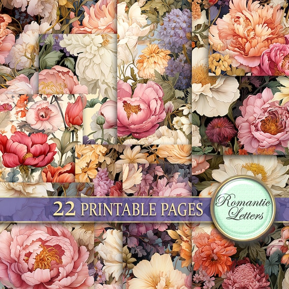 Botanical digital scrapbook paper pack Victorian Shabby Chic flower digital printable junk journal pages paper floral seamless patterns A4