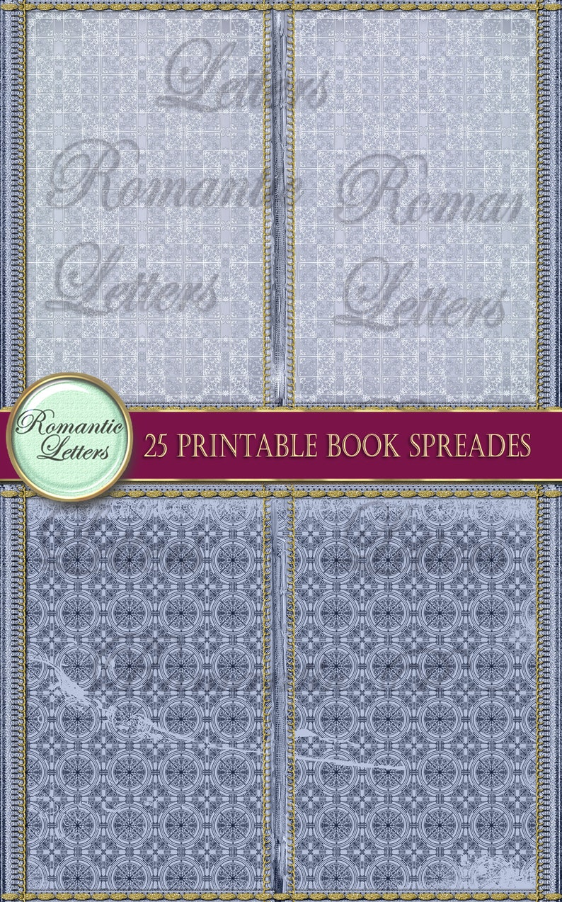 May include: A set of 25 printable book spreads featuring a blue and white patterned design with a gold border. The text "Romantic Letters" is displayed on the top of the image.