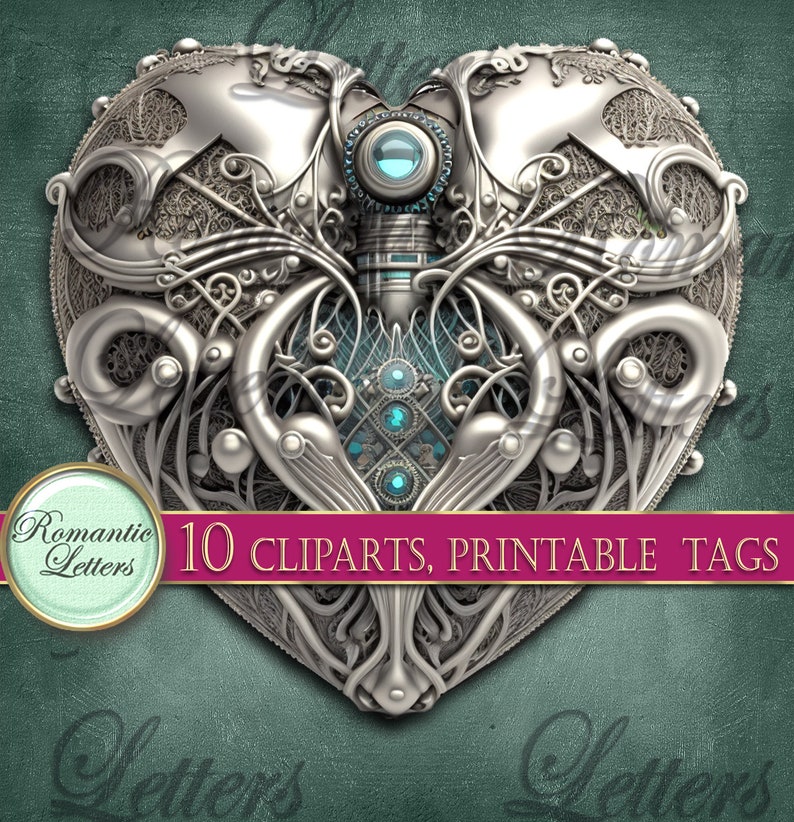 May include: A silver heart-shaped design with intricate details and turquoise gemstones. The heart is surrounded by a teal background and the text "10 CLPARTS, PRINTABLE TAGS" is at the bottom.