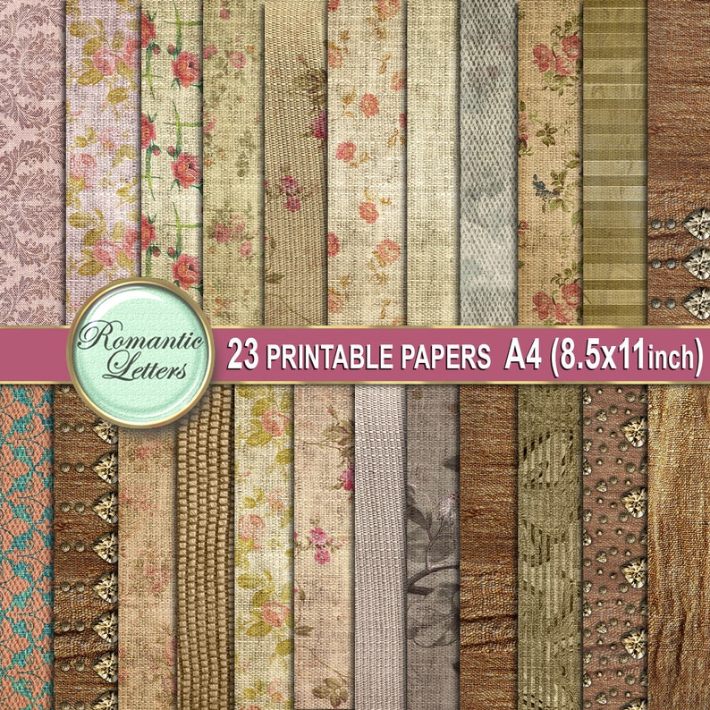 May include: 23 printable digital papers in A4 size (8.5x11 inches). The papers feature a variety of vintage-inspired patterns, including floral, geometric, and textured designs. The papers are perfect for scrapbooking, card making, and other craft projects.