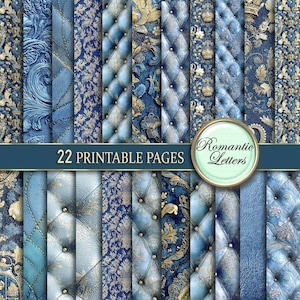 Pakiet papieru do scrapbookingu Royal Blue Digital, tekstura skóry Chesterfield, tło ze złotymi wzorami