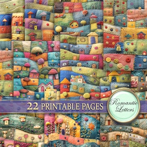 May include: A collage of 22 printable pages featuring colourful, whimsical illustrations of houses, trees, and flowers. The pages are designed in a patchwork style with a variety of textures and patterns. The text "22 Printable Pages" and "Romantic Letters" is visible in the image.